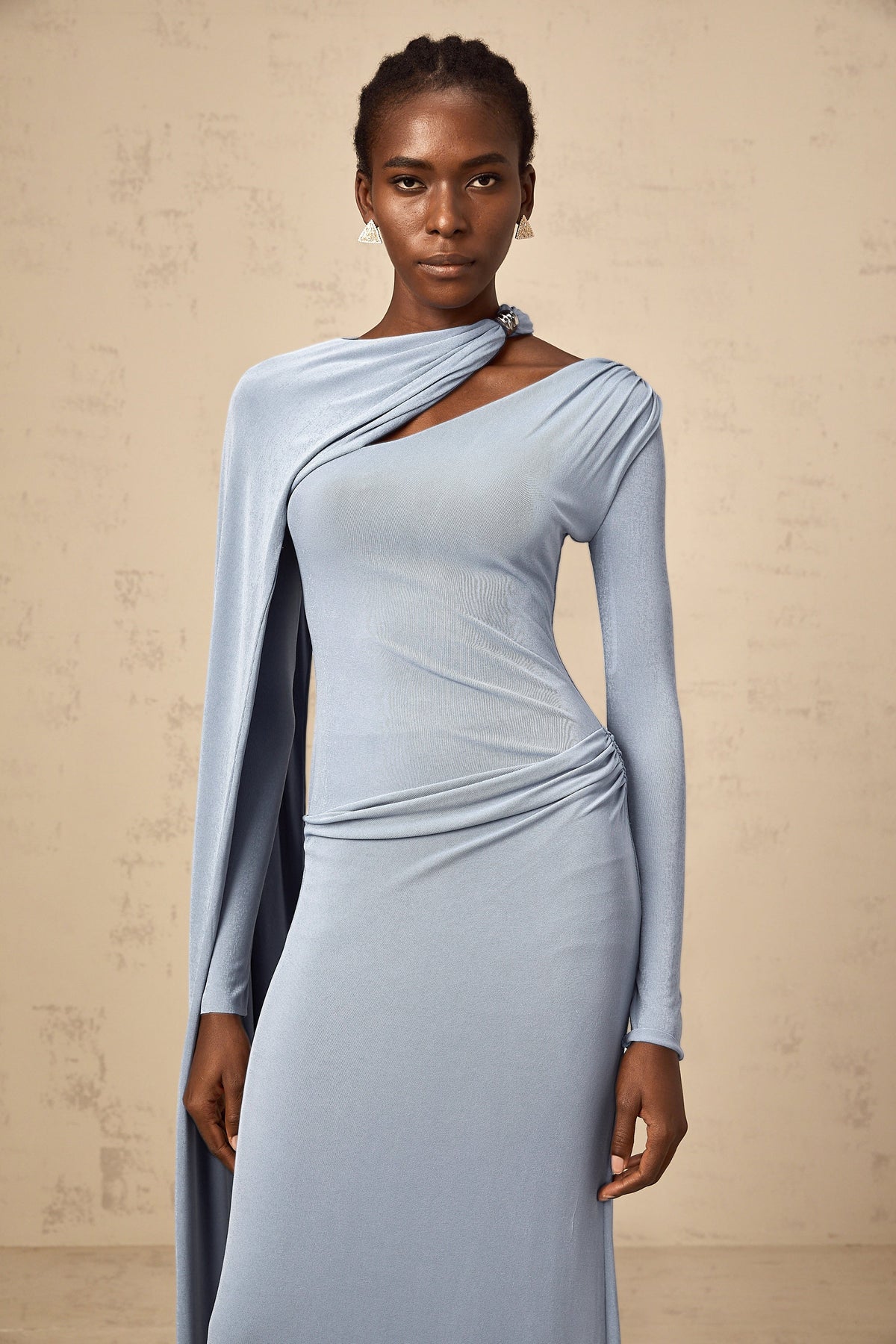Josette Blue Diagonal Shawl Fitted Maxi Dress