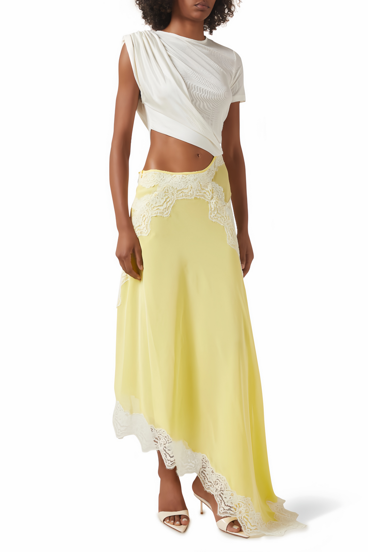Fiamma Yellow Gathered Lace Panel Maxi Dress