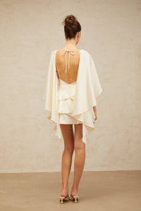 Lyna White Satin Ruffled Mini Dress with Shawl Panel Detail