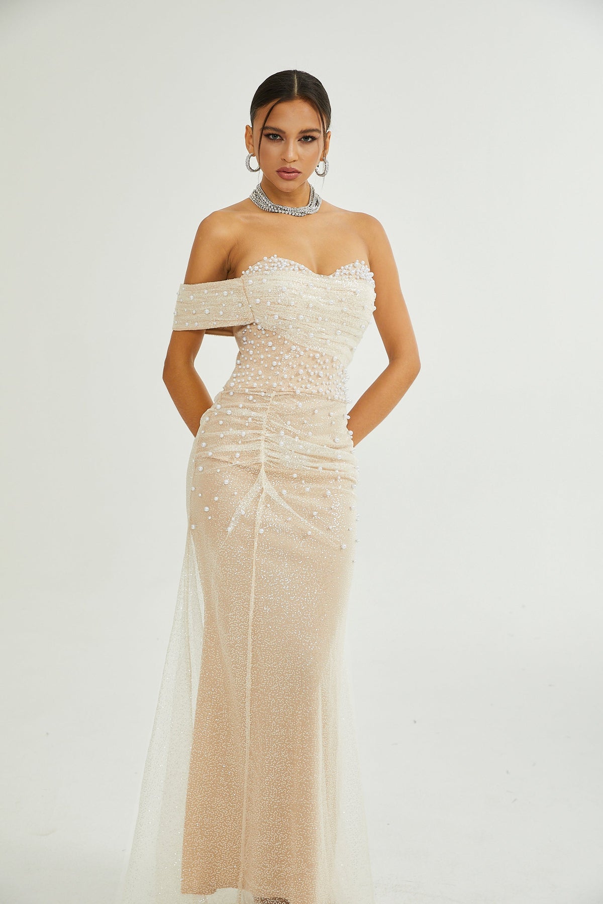 Sabine Faux Pearl Embellished Maxi Dress