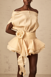 Amélie floral-appliqué flounced mini dress in Neutrals