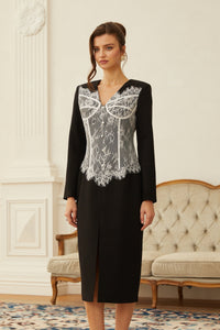 Zephyra Black Lace Corset Panel Midi Dress