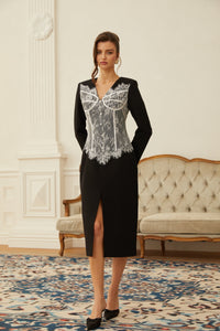Zephyra Black Lace Corset Panel Midi Dress