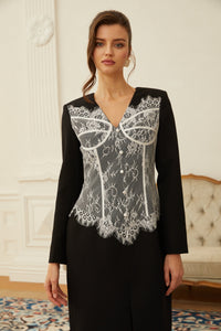 Zephyra Black Lace Corset Panel Midi Dress