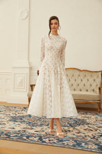Bronte White Pleated Floral Lace Midi Dress