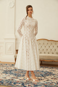 Bronte White Pleated Floral Lace Midi Dress