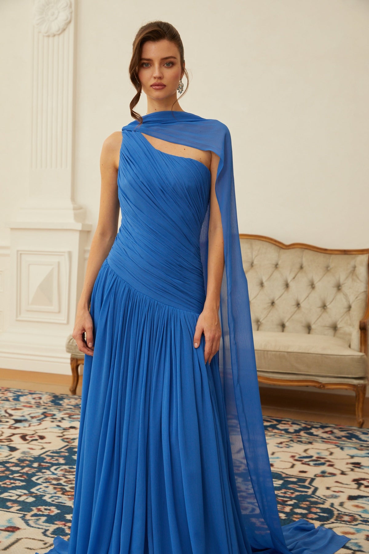 Faustine Blue Cape Design Ruched Maxi Dress