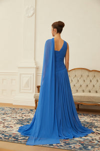 Faustine Blue Cape Design Ruched Maxi Dress
