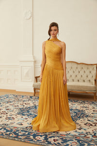 Emerald Gold One Shoulder Ruched Maxi Dress