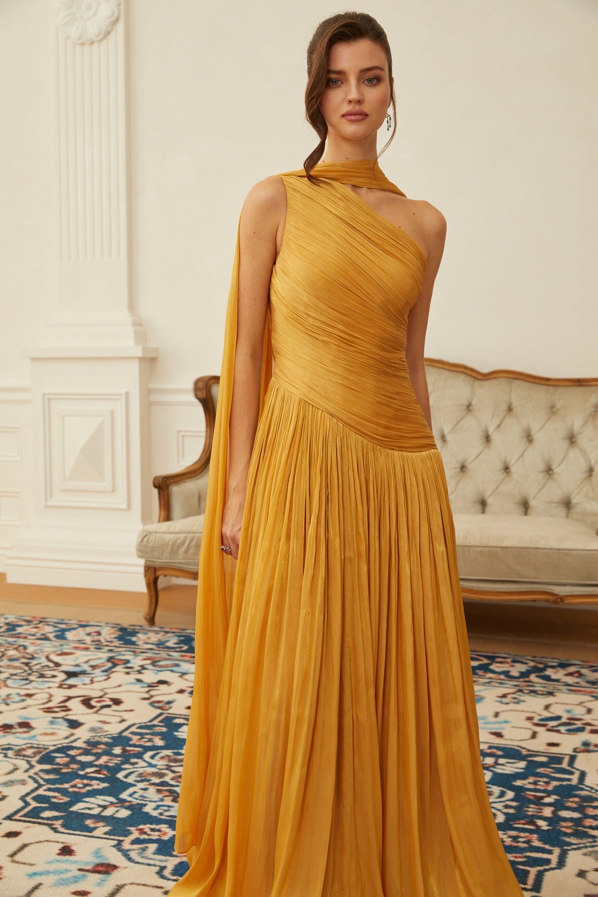 Emerald Gold One Shoulder Ruched Maxi Dress