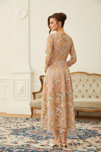 Ragnfrid Neutral Floral Jacquard Lace Midi Dress