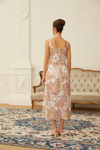 Eirlys Neutral Sequined Floral Tulle Midi Dress
