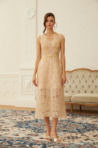 Linnea Nude Floral Applique V-Neck Midi Dress