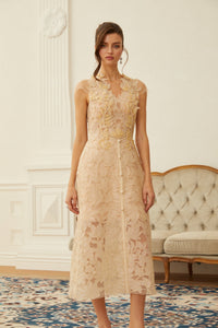 Linnea Nude Floral Applique V-Neck Midi Dress