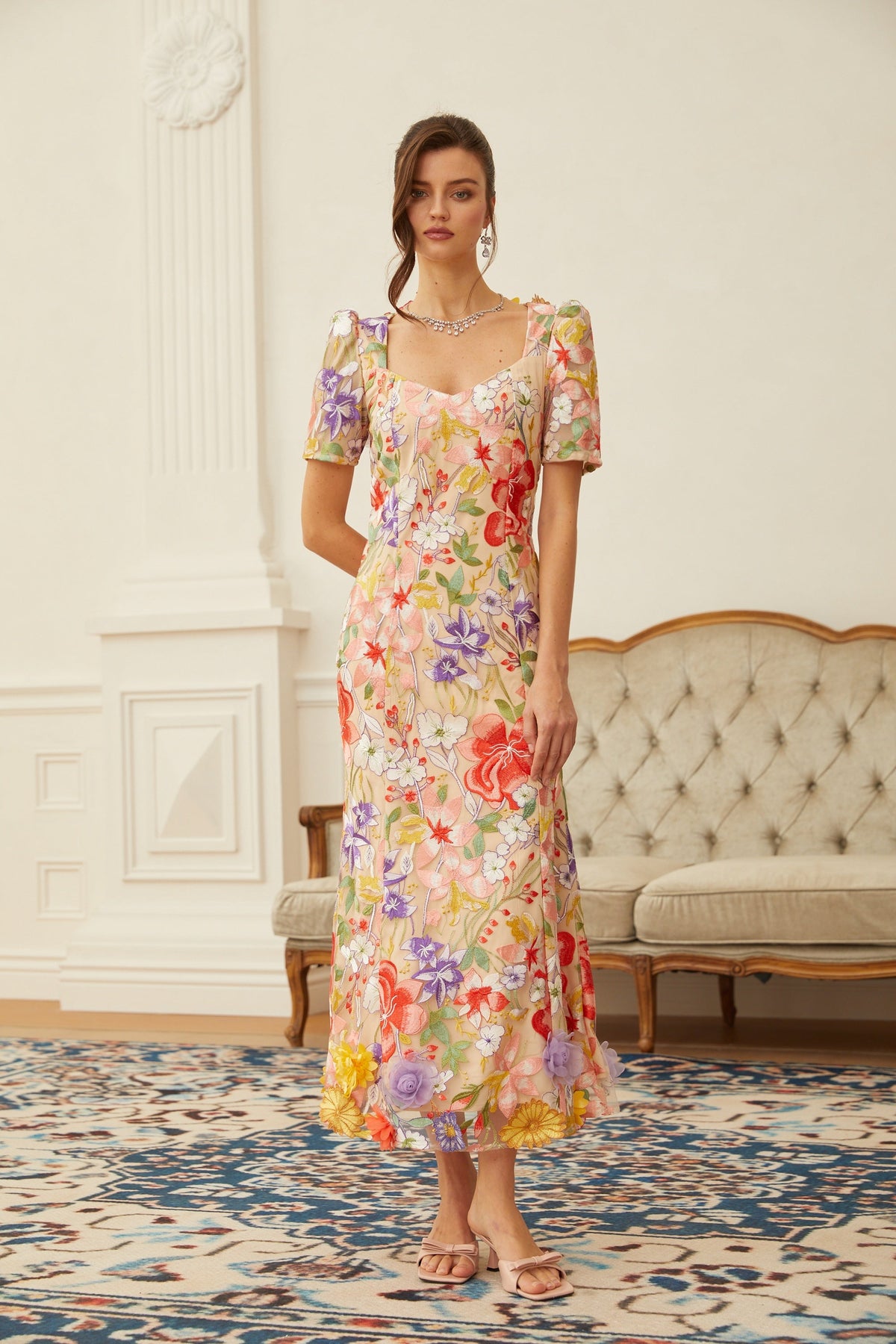 Darcy Neutral Floral Embroidered Tulle Midi Dress
