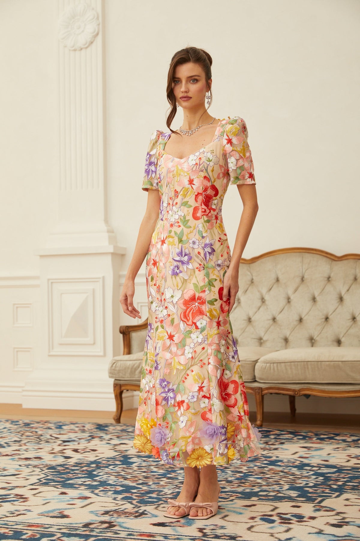 Darcy Neutral Floral Embroidered Tulle Midi Dress