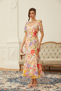 Darcy Neutral Floral Embroidered Tulle Midi Dress