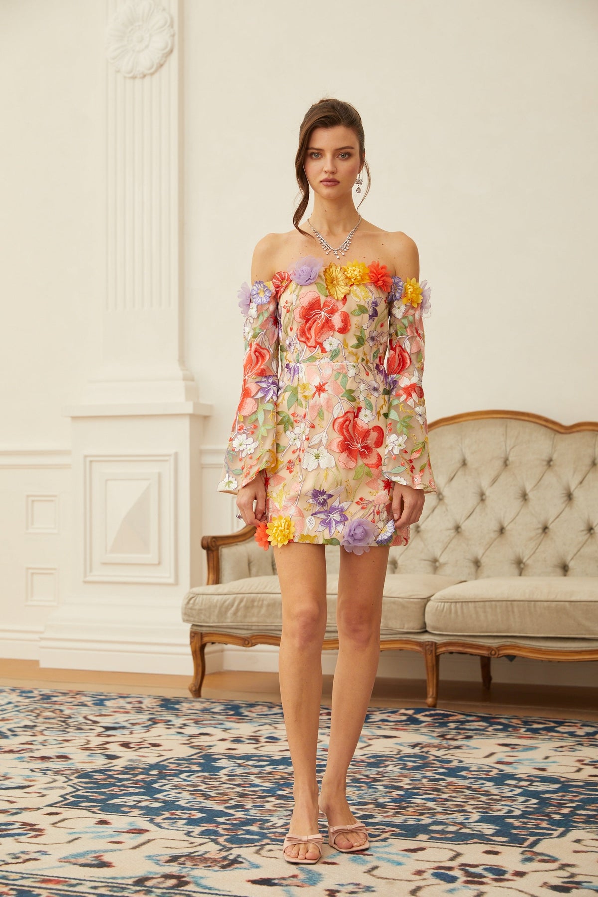 Malva Neutral Floral Embroidered Tulle Mini Dress