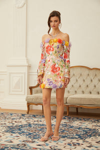 Malva Neutral Floral Embroidered Tulle Mini Dress
