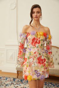 Malva Neutral Floral Embroidered Tulle Mini Dress