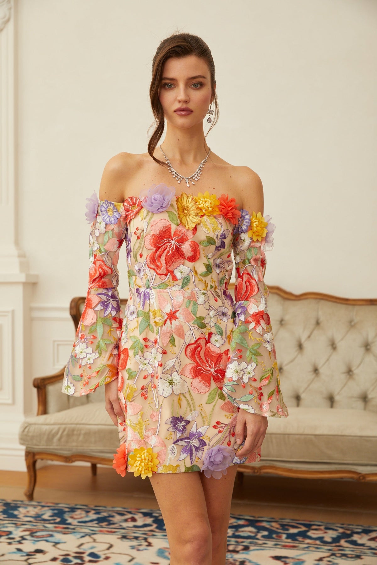 Malva Neutral Floral Embroidered Tulle Mini Dress