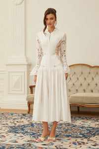 Chiara White Lace Panel Pleated Midi Dress