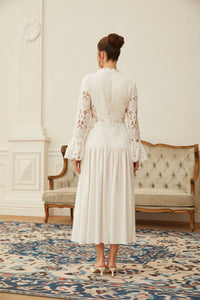 Chiara White Lace Panel Pleated Midi Dress