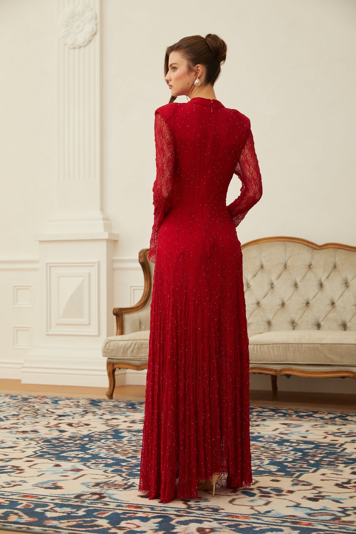 Justyna Red Rhinestone Guipure Lace Maxi Dress