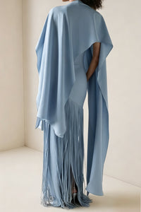 Cayetana Sapphire Blue Fringe Maxi Dress with Cape Effect