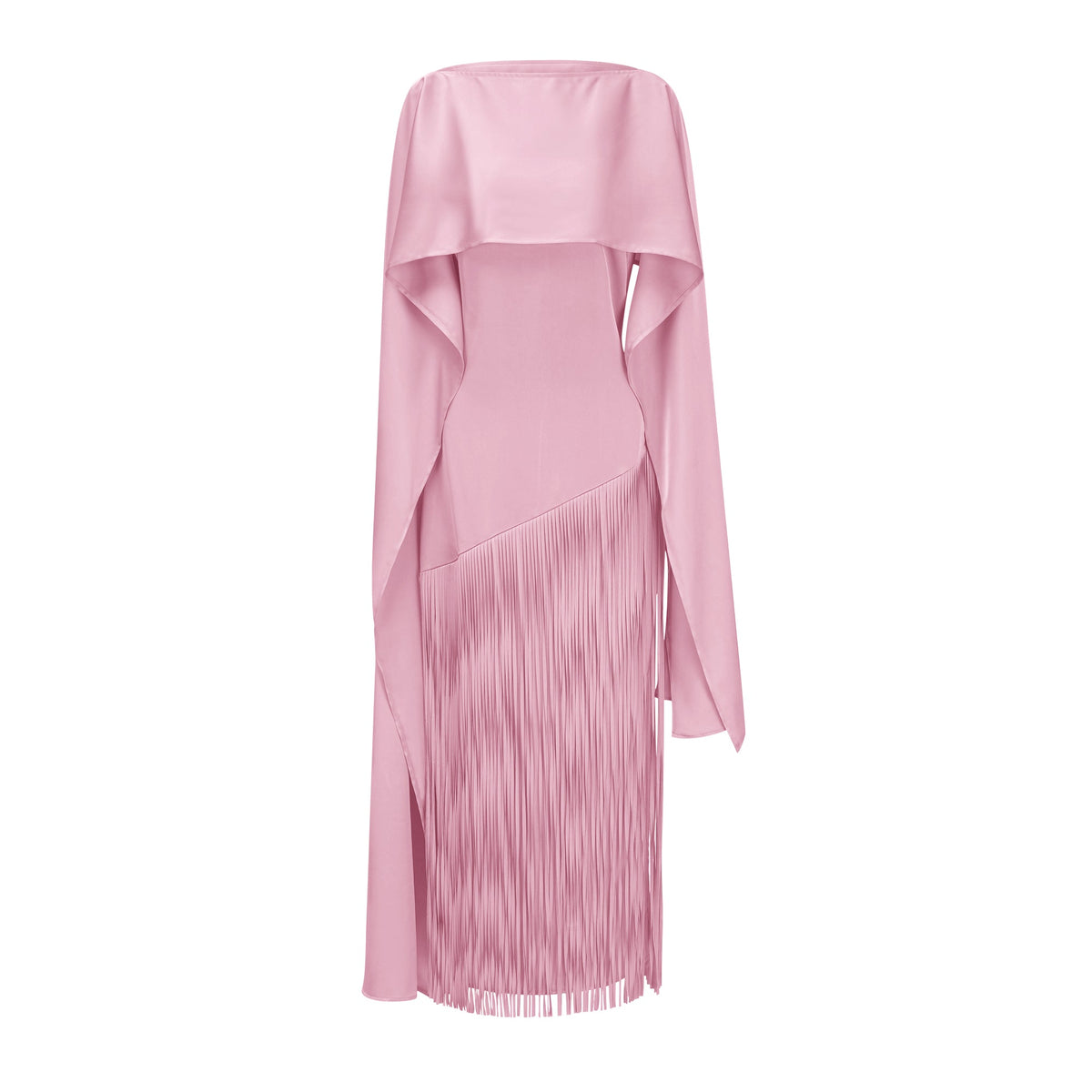 Cayetana Pink Fringe Maxi Dress with Cape Effect