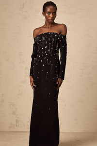 Gabrielle black crystal off-shoulder maxi dress