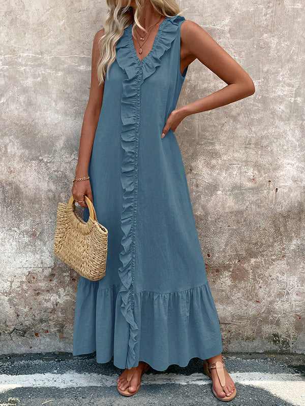 Ruffle Trim V-Neck A-Line Maxi Dress