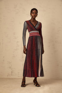 Amaryllis Red Long Sleeve Sequin Striped Knit Maxi Dress