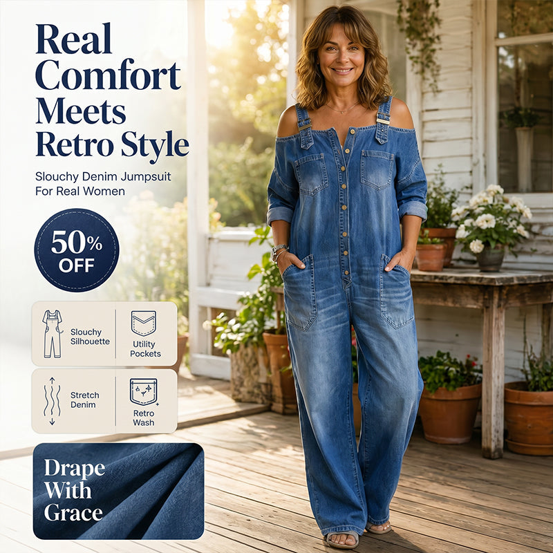 Loose Fit Wide-Leg Denim Jumpsuit with Pockets