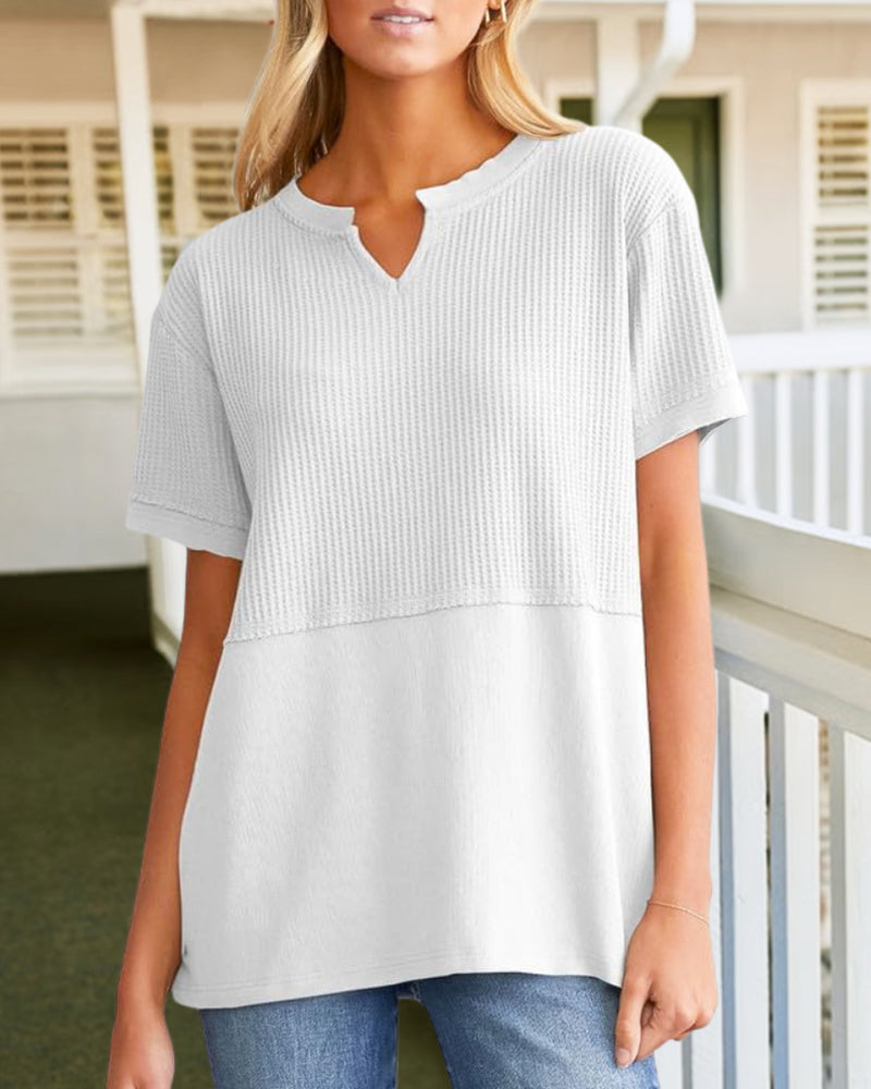 Summer Cozy Oversized Waffle Knit V-Neck Top