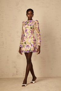 Jolien Purple Floral Appliqué Embroidered Tulle Mini Dress