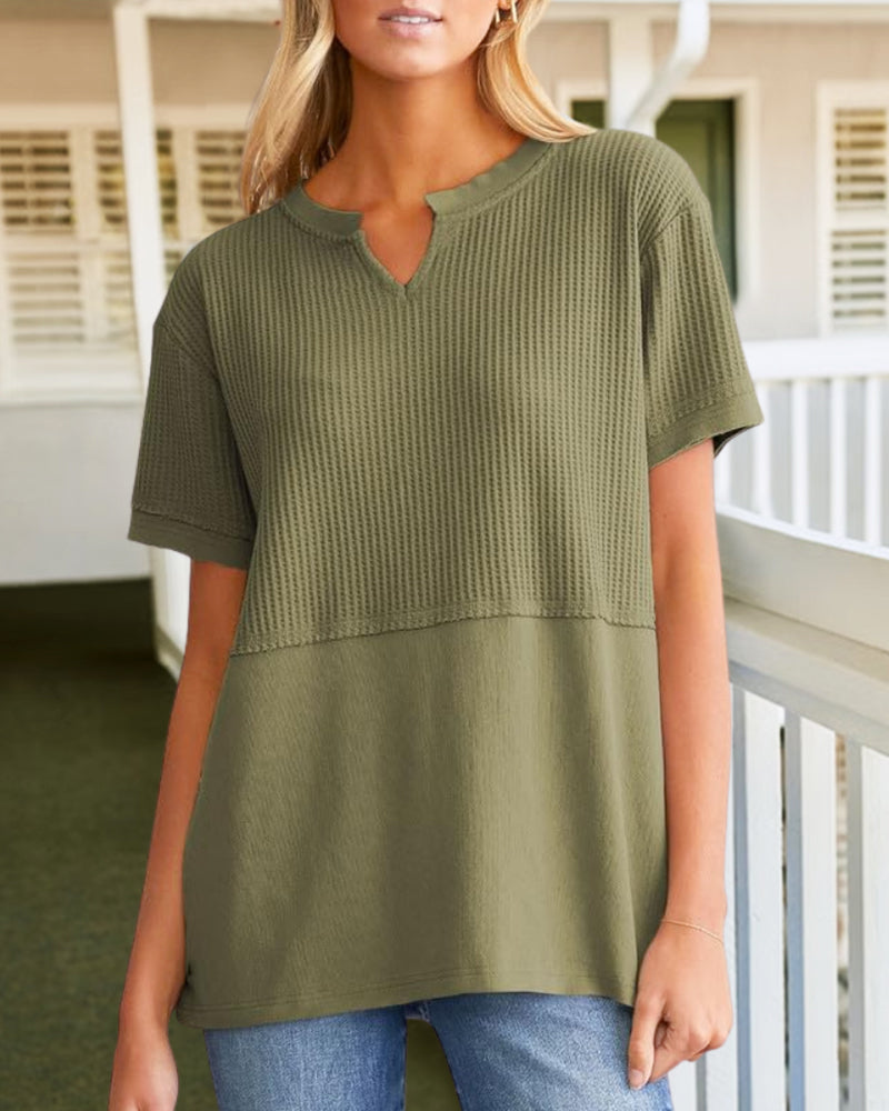 Summer Cozy Oversized Waffle Knit V-Neck Top