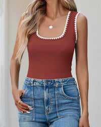Casual Slim Fitted Color Block Ribbed Square Neck Tank Tops