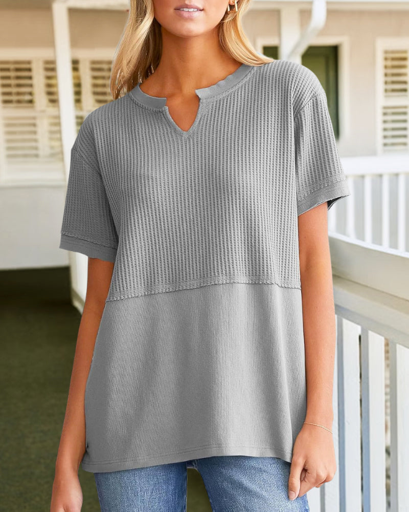 Summer Cozy Oversized Waffle Knit V-Neck Top