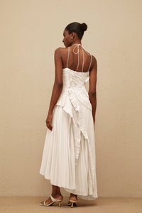 Doux White Ruffled Trim Pleated Midi Dress
