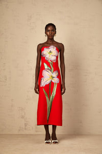 Irène Sequin Embroidered Off-Shoulder Midi Dress in Red