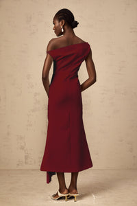Laurine asymmetrical draped midi dress in Burgundy