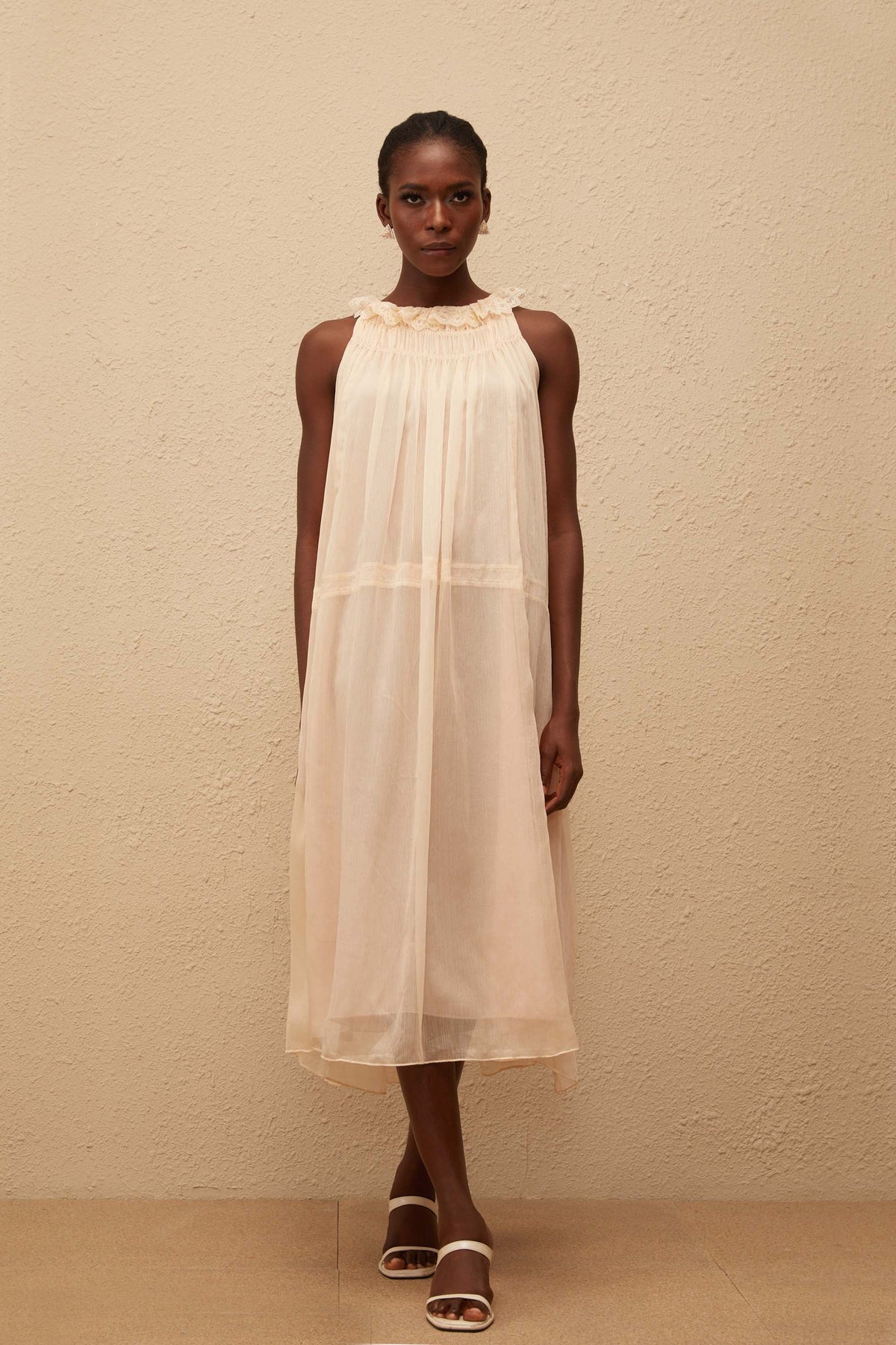 Orélie Neutral Pleated Chiffon Midi Dress