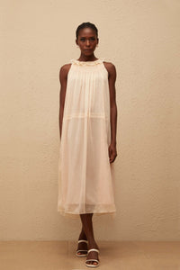 Orélie Neutral Pleated Chiffon Midi Dress