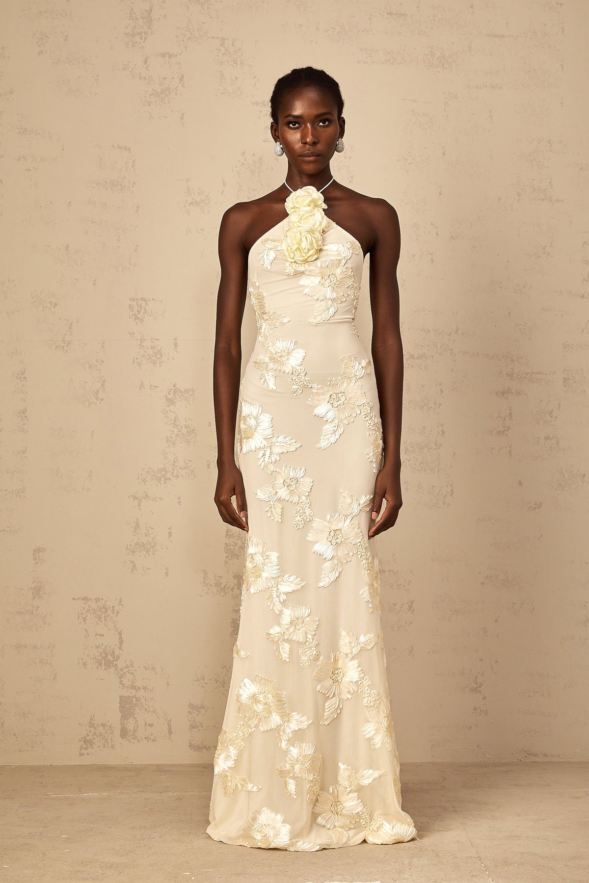 Melanie Neutrals Embroidered Halterneck Maxi Dress