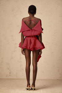 Amélie Red Floral Appliqué Flounced Mini Dress