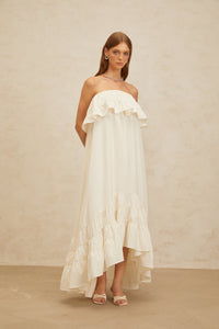 Bénédicte White Vibrant Off Shoulder Shirred Maxi Dress