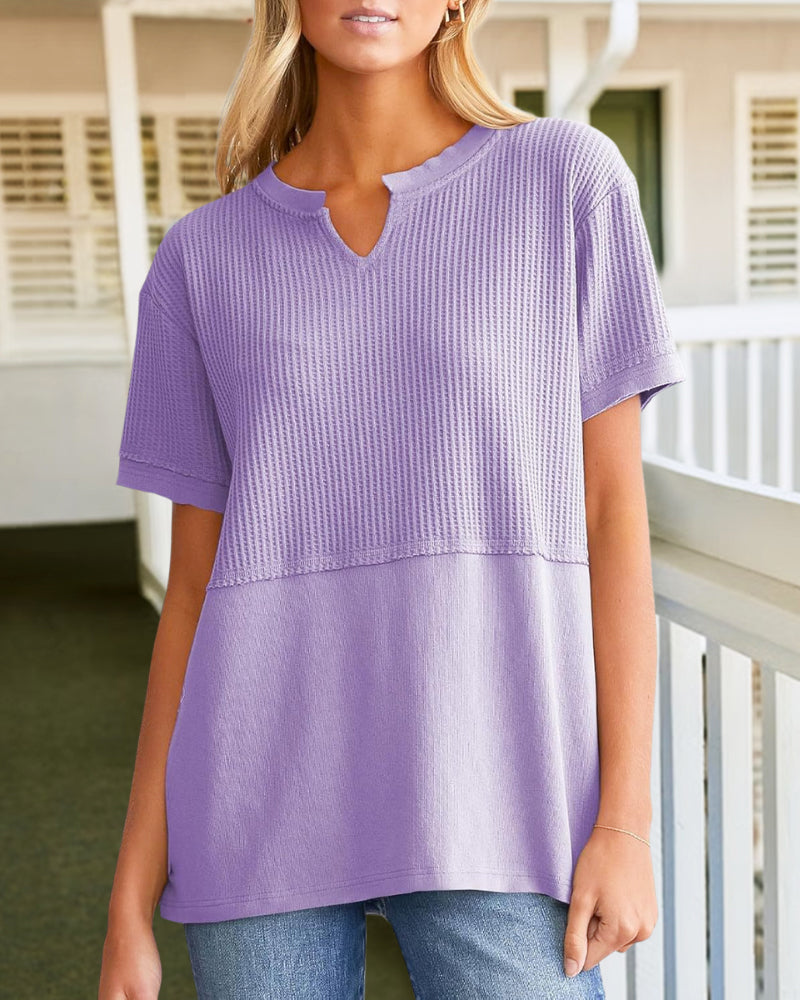 Summer Cozy Oversized Waffle Knit V-Neck Top