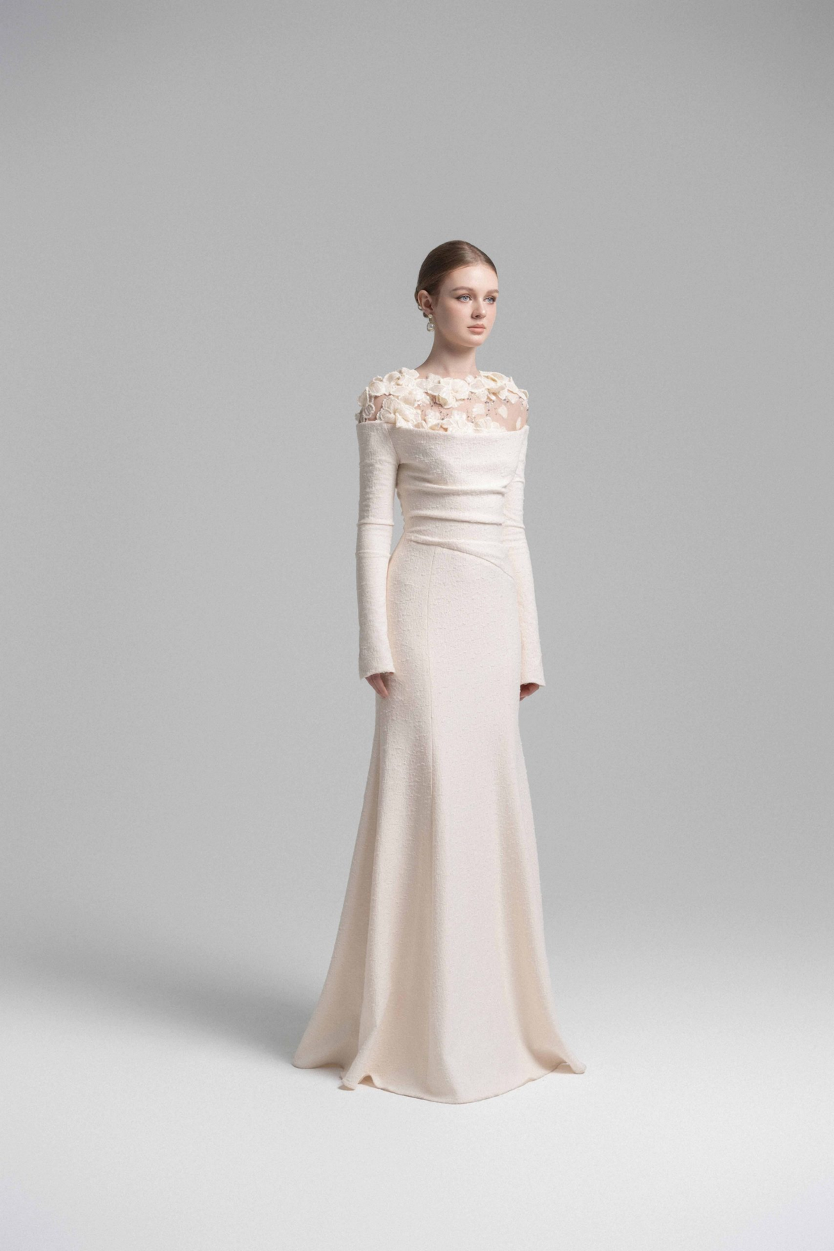 Silvia White Floral Appliqué Off-Shoulder Gown