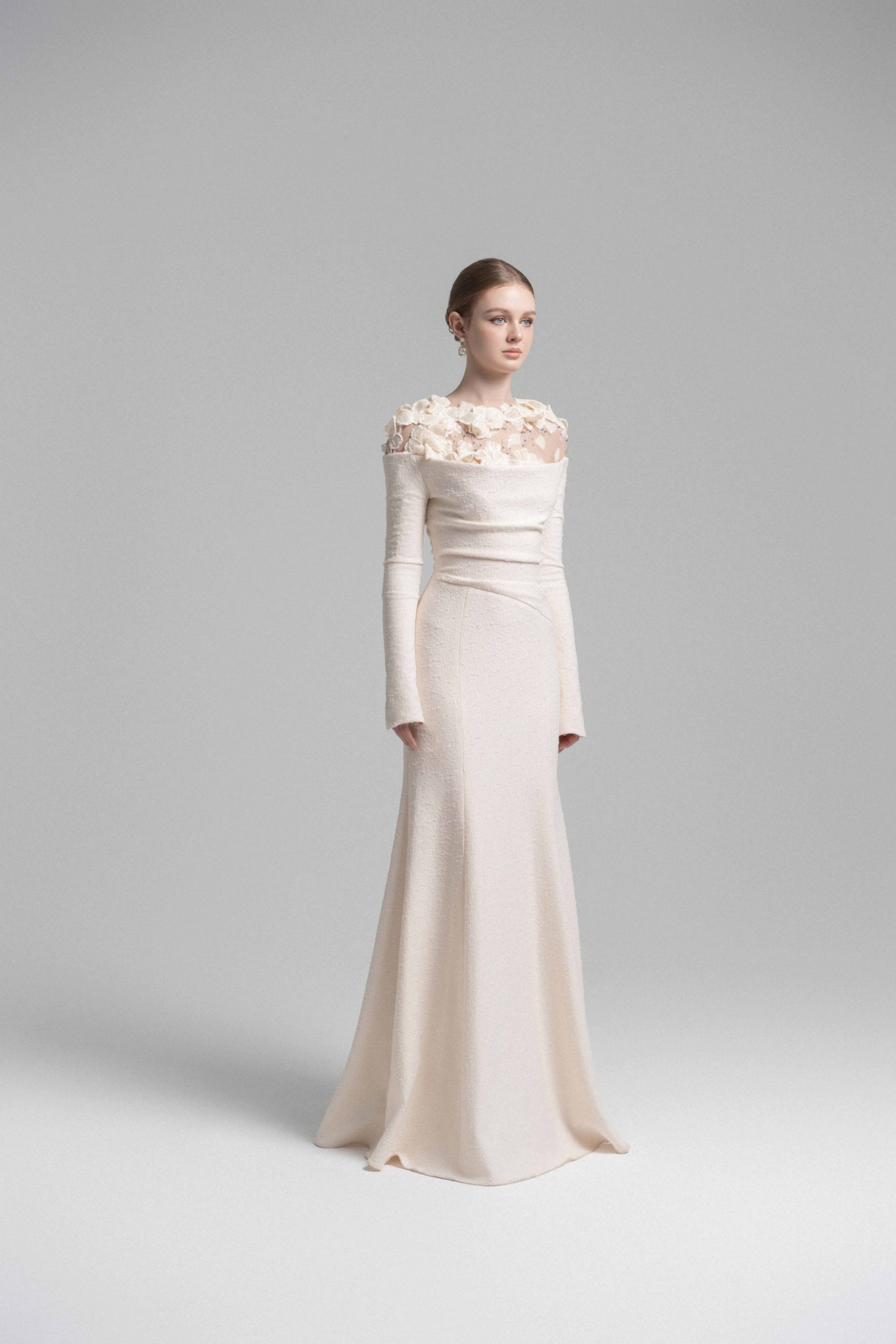 Silvia White Floral Appliqué Off-Shoulder Gown